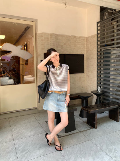 // 28%羊毛撞色邊polo間條針織背心