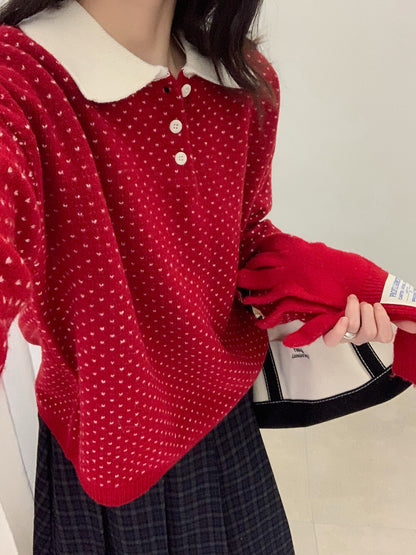 // 100%綿羊毛小心心點點撞色翻領NT