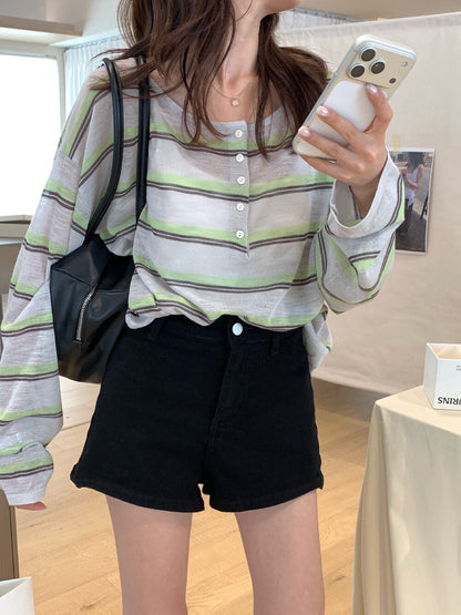 // 超美拼色間條鈕扣薄針織上衣
