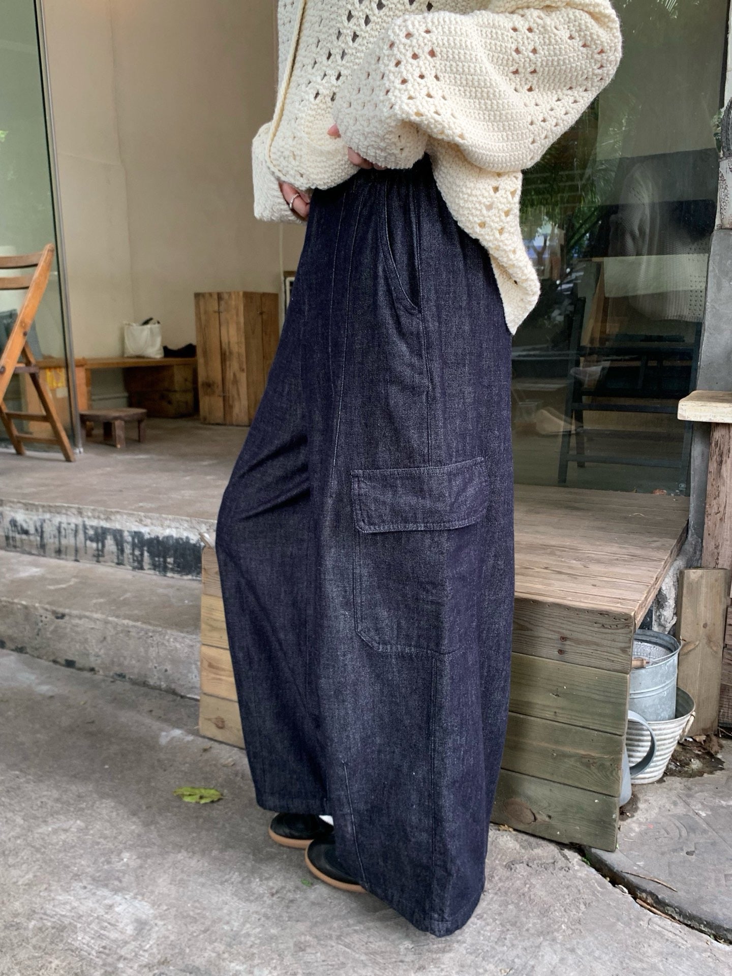 // 休閒軟軟牛仔布口袋工裝褲