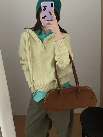 // 顏色超美鈕扣連帽毛衣