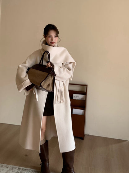 // 100%wool簡約圓領手工雙面長外套(連頸巾)