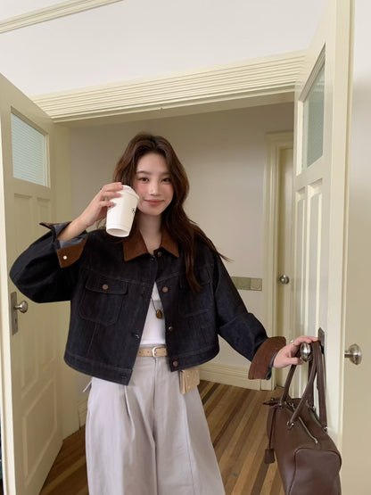 // 復古撞色燈芯絨領短款牛仔外套