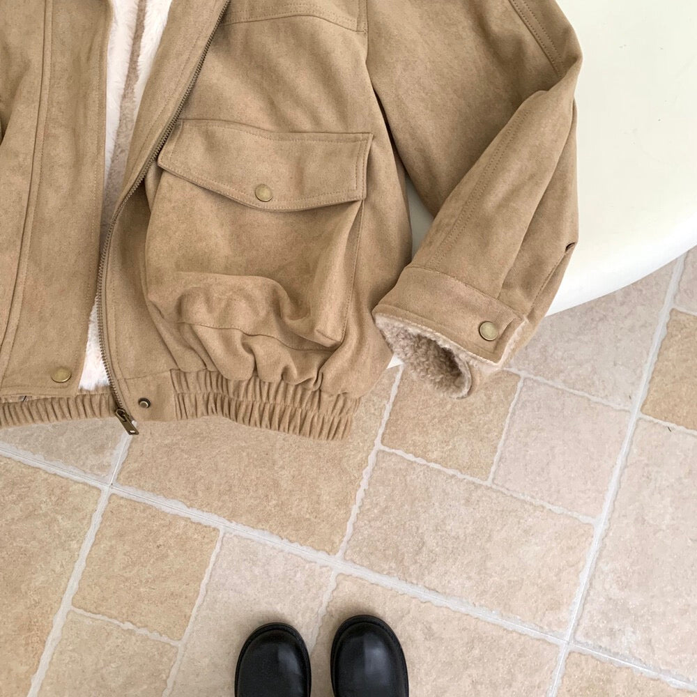 // 帥氣麂皮絨內毛毛口袋外套