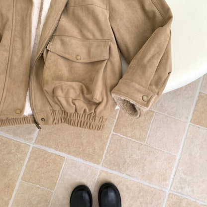 // 帥氣麂皮絨內毛毛口袋外套