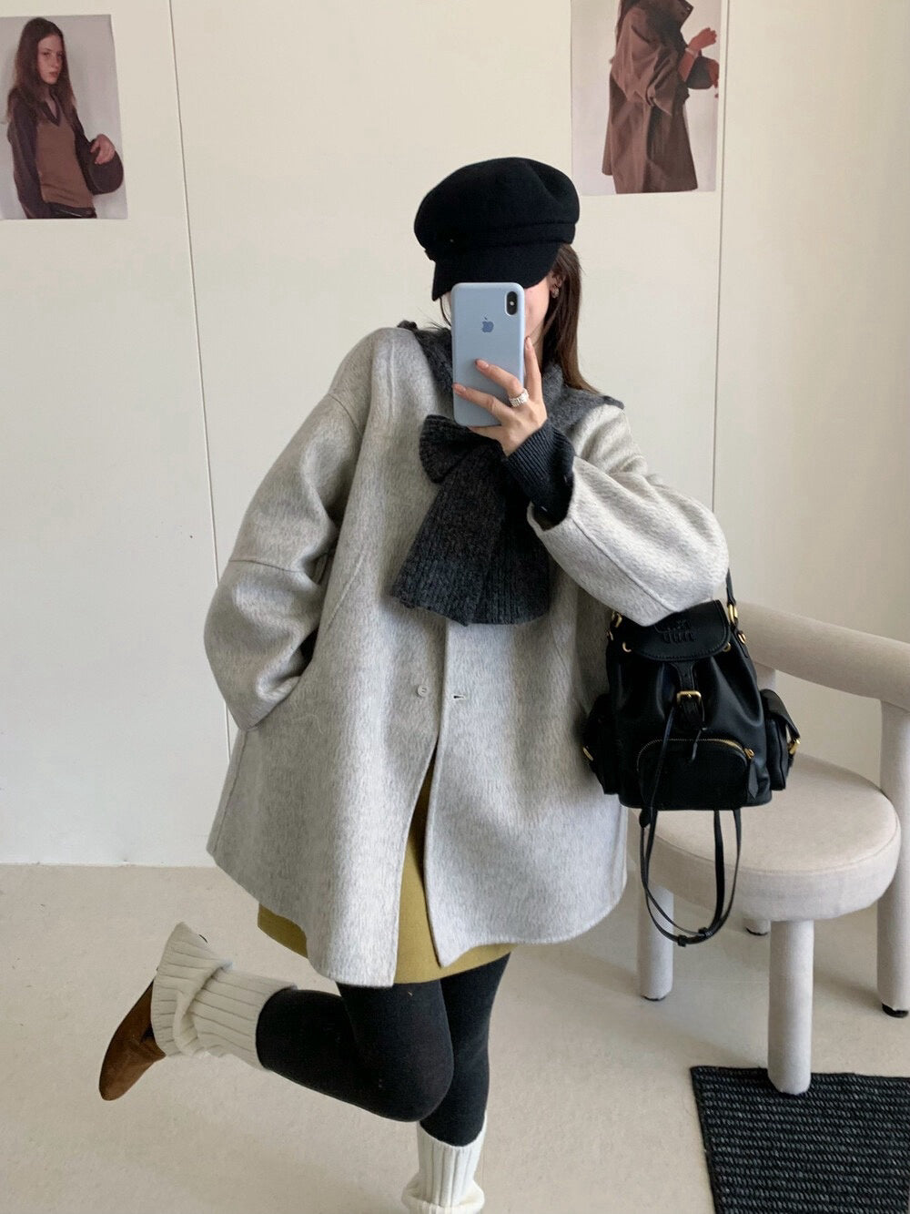 // 10%alpaca+90%wool簡約圓領手工外套(連頸巾)