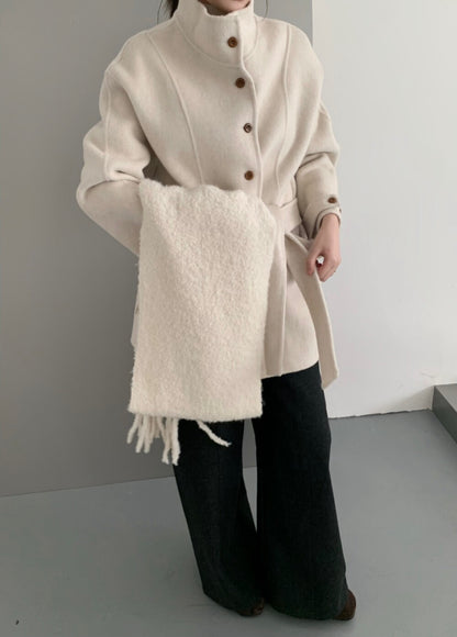 // 100%羊毛小立領排扣連腰帶雙面手工外套