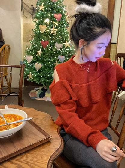 // 小性感露肩荷葉邊毛衣