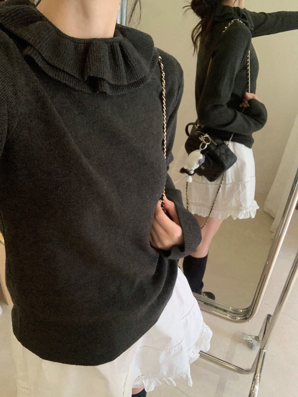 // 法式雙層花邊領+袖針織上衣