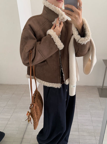 // 帥氣皮毛一體卷毛翻領外套