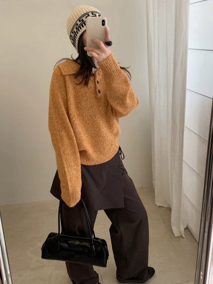 // 軟糯混兔毛花線鈕扣翻領毛衣