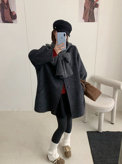 // 10%alpaca+90%wool簡約圓領手工外套(連頸巾)