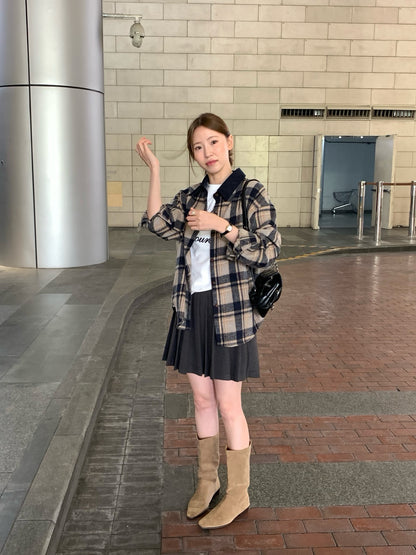 // 連腰帶毛呢料百褶短裙