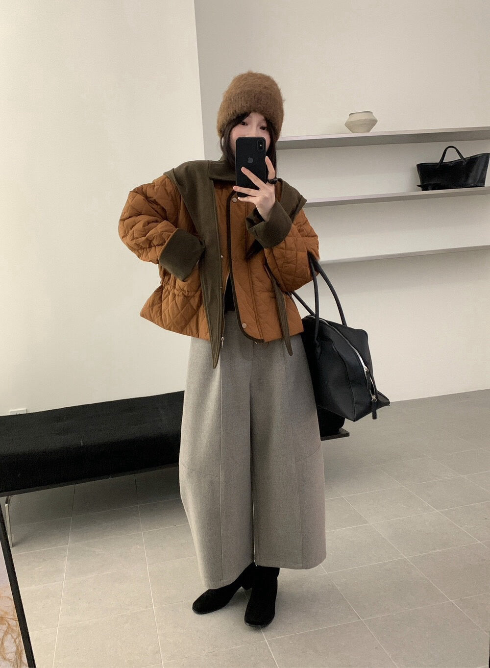 // 撞色包邊拼燈芯絨領可束腰菱格夾棉短外套(帽子可拆)