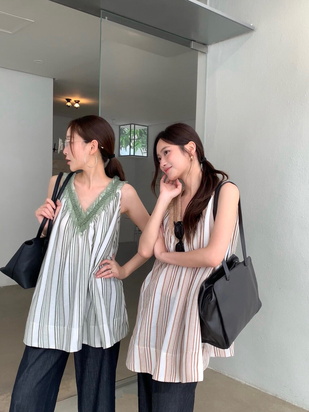 S22 / 拼接木耳邊間條背心+設計感褲腳直筒牛仔褲套裝