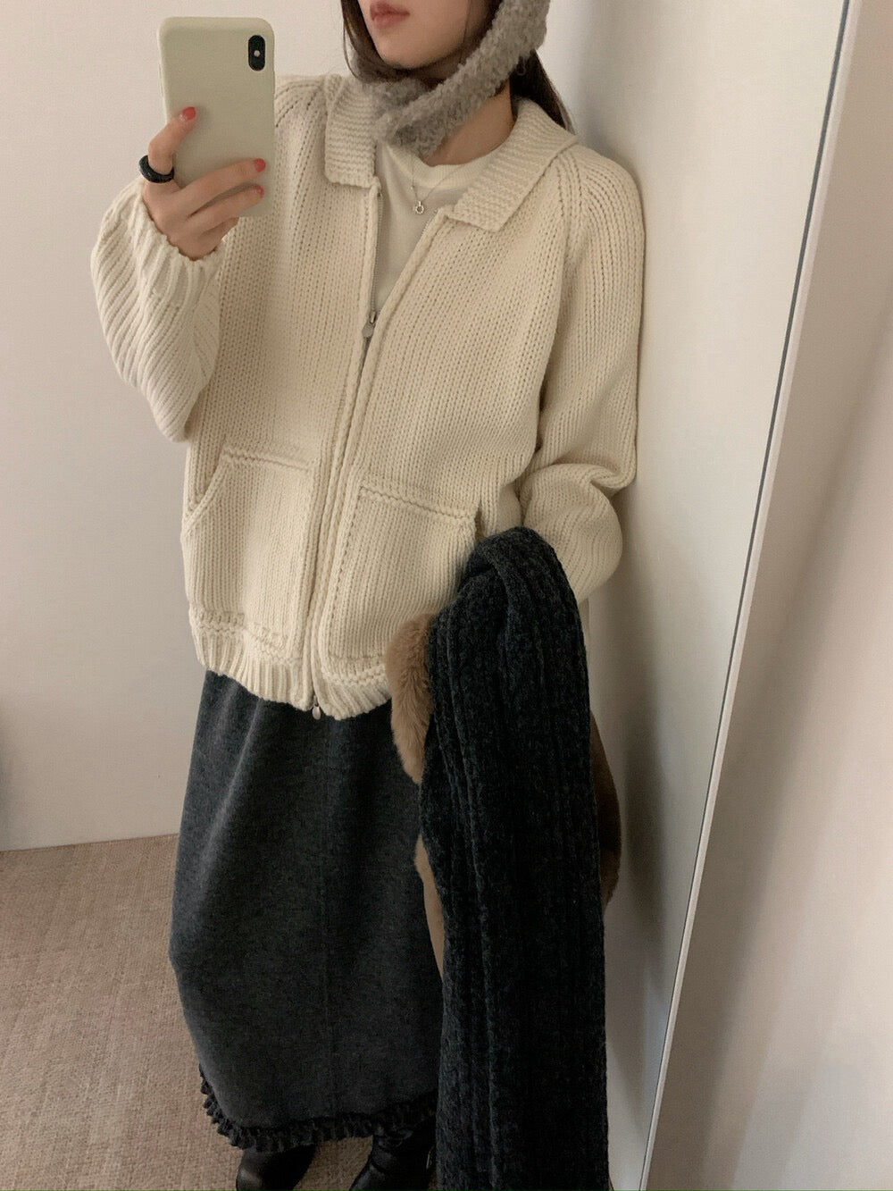 // 大口袋翻領粗棒織拉鍊CD