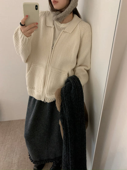 // 大口袋翻領粗棒織拉鍊CD