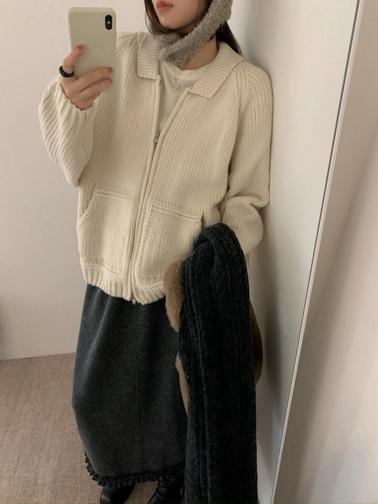 // 大口袋翻領粗棒織拉鍊CD