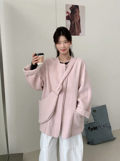 // 100%wool圓領大袋雙面毛呢外套(連袋仔)