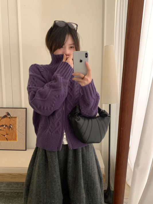 // 30%羊毛粗針麻花高領拉鍊CD