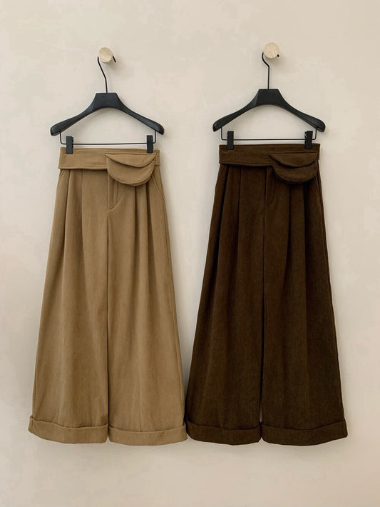 // 壓褶寬鬆燈芯絨褲(連腰包腰帶)