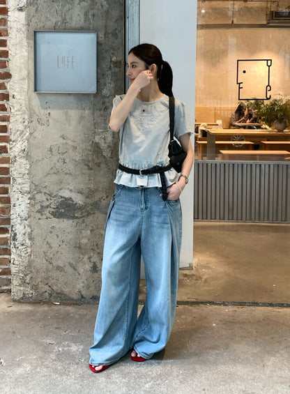 // 設計感壓褶復古感洗水牛仔闊褲