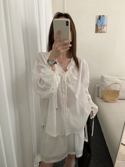 S14 / 麻質褶褶花邊綁帶袖口BL+短褲防曬套裝￼