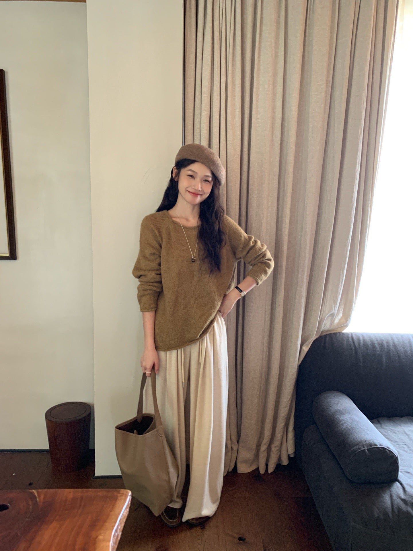 // 超美色系慵懶落肩針織上衣