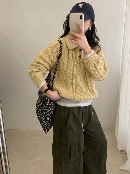 // 復古感重工麻花鈕扣翻領NT