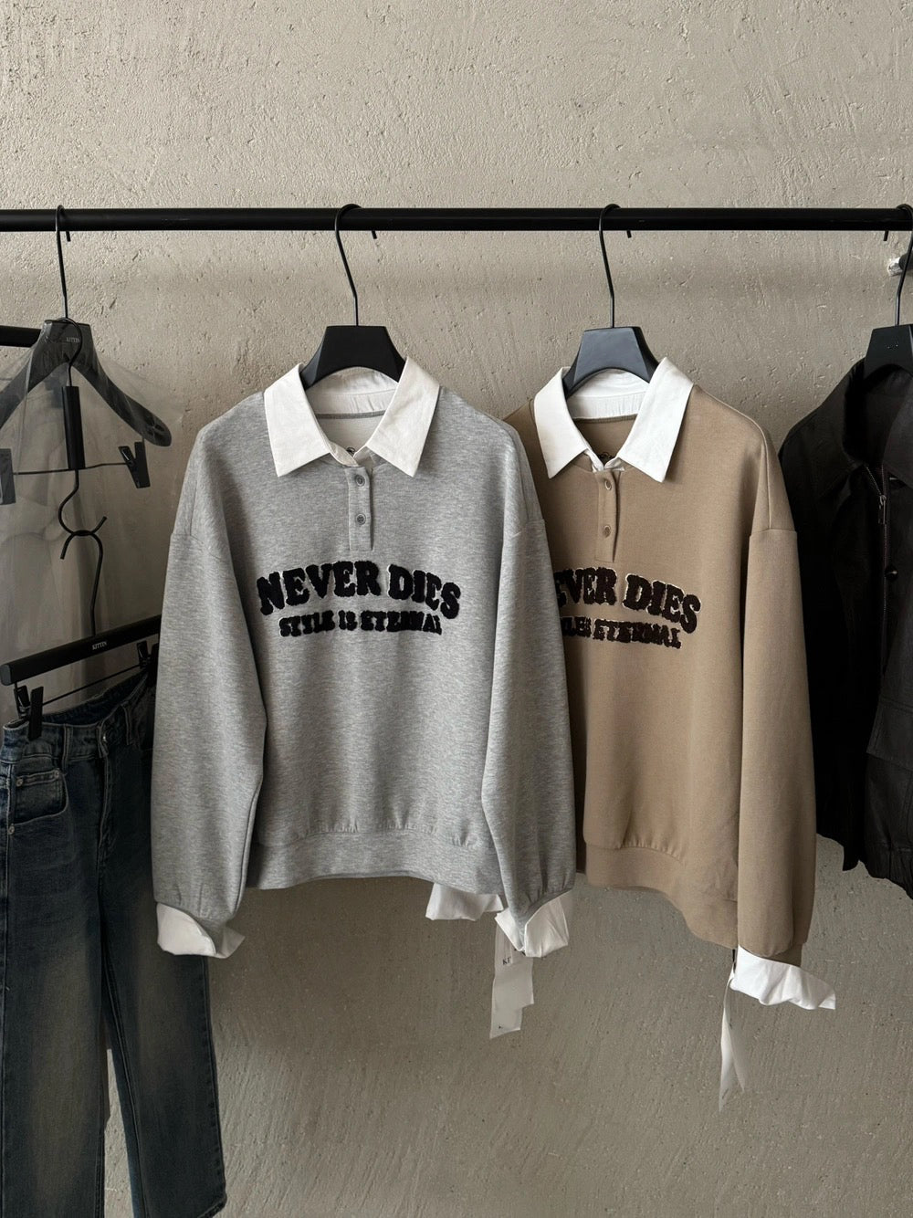 B186 / 假兩件拼接翻領字母刺繡寬鬆衛衣