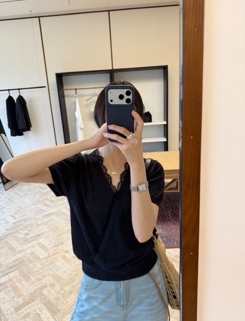 // 法式交叉lace邊絲麻短袖NT
