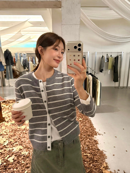 C46 / 撞色間條拼接恤衫袖假兩件針織外套