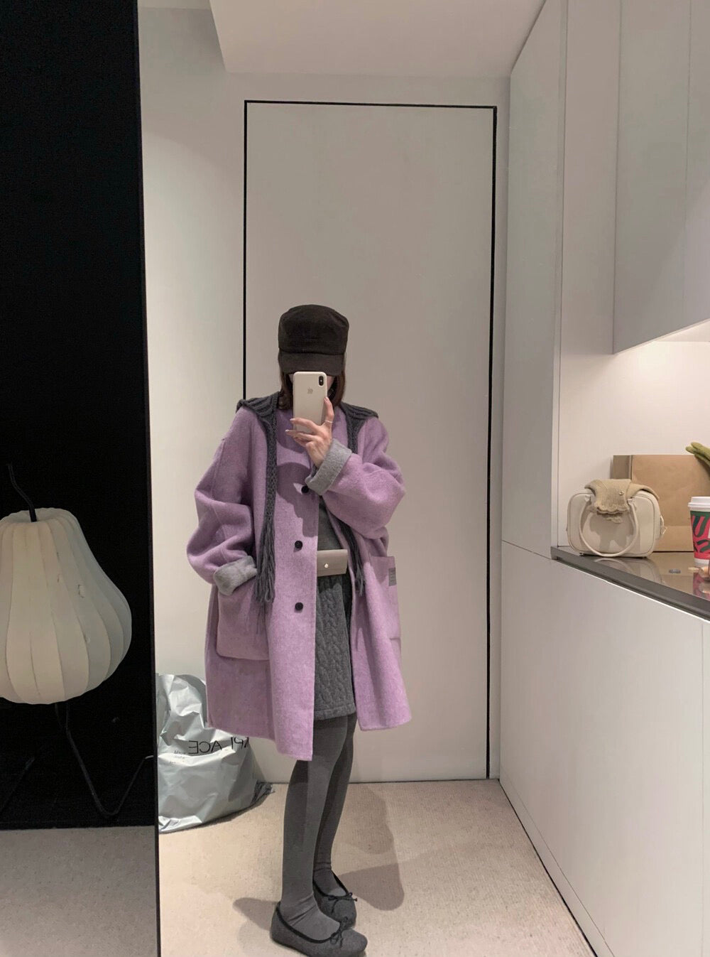 // 100%羊毛可拆針織帽內撞色手工外套