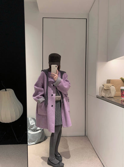 // 100%羊毛可拆針織帽內撞色手工外套