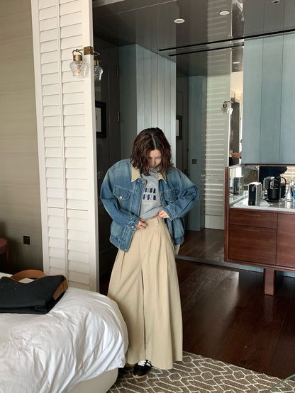 // 中古風拼領拉鍊牛仔外套