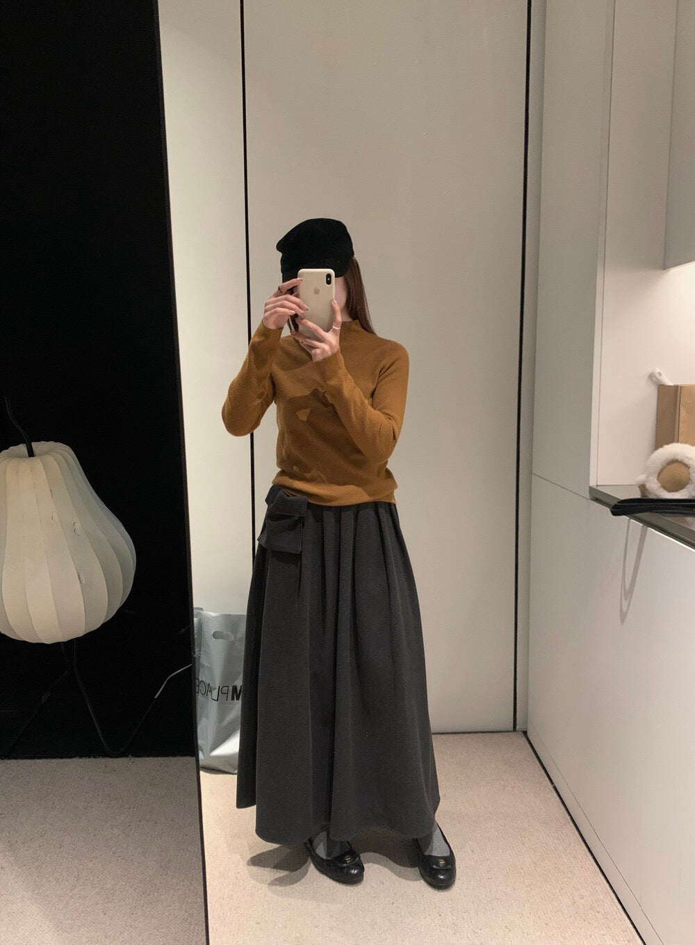 // 連腰包高品質毛呢壓褶中裙