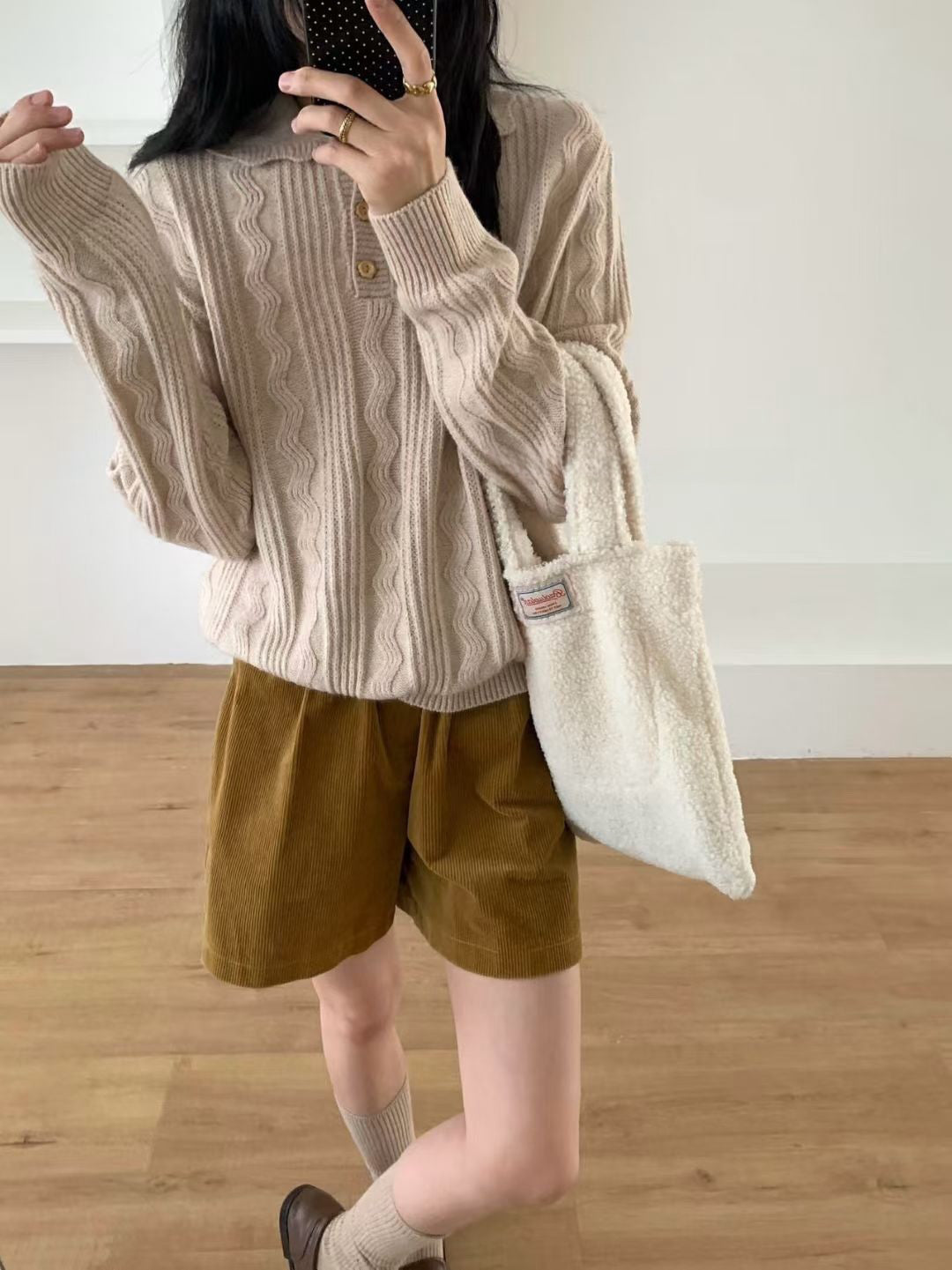 // 美美麻花織紋鈕扣翻領NT