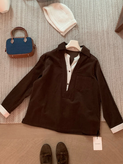 // 假兩件口袋拼接恤衫燈芯絨上衣