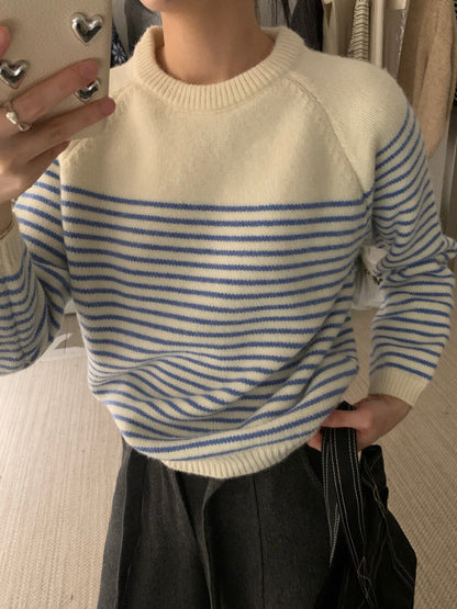 // 簡約圓領間條圓領毛衣