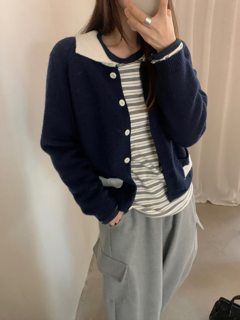 // 撞色領+蝴蝶結口袋翻領開胸CD