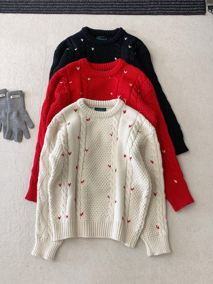 // 5%wool心心刺繡麻花毛衣