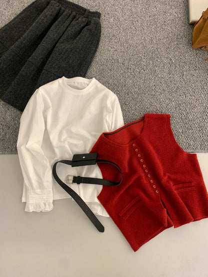 // 簡約鈕扣針織馬甲+花邊袖長袖上衣套裝