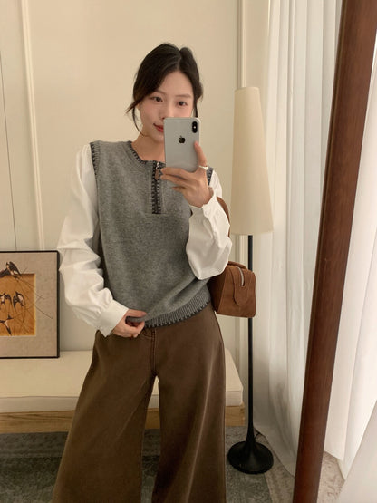 // 柔軟撞色邊拼恤衫袖假兩件上衣