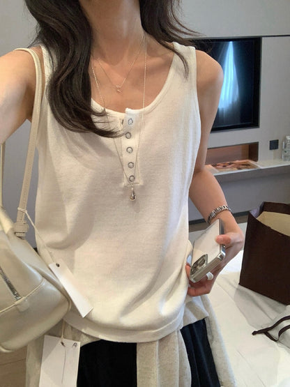 // 天絲麻U領半鈕扣夏天必入背心