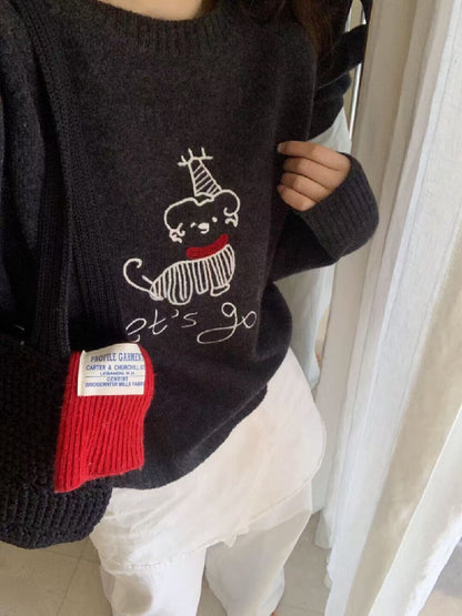 // 100%羊毛可愛小狗刺繡毛衣