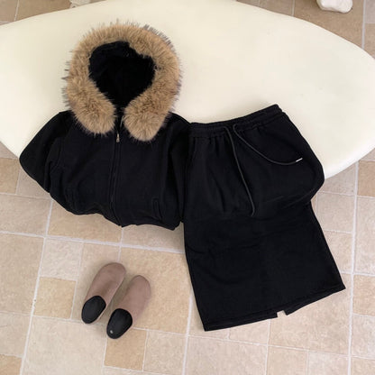 // 可拆毛毛領連帽拉鍊衛衣外套+中裙套裝￼