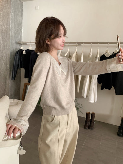 // 拼接花邊lace領+袖混羊毛NT