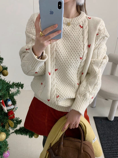 // 5%wool心心刺繡麻花毛衣