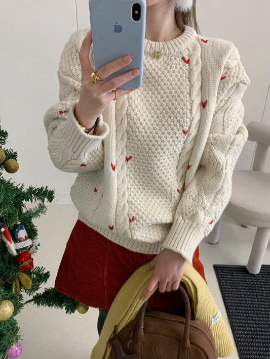 // 5%wool心心刺繡麻花毛衣