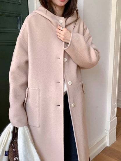 // 80%wool+20%alpaca連帽可愛口袋手工羊毛外套